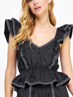 Ruffle Trim Black Tops